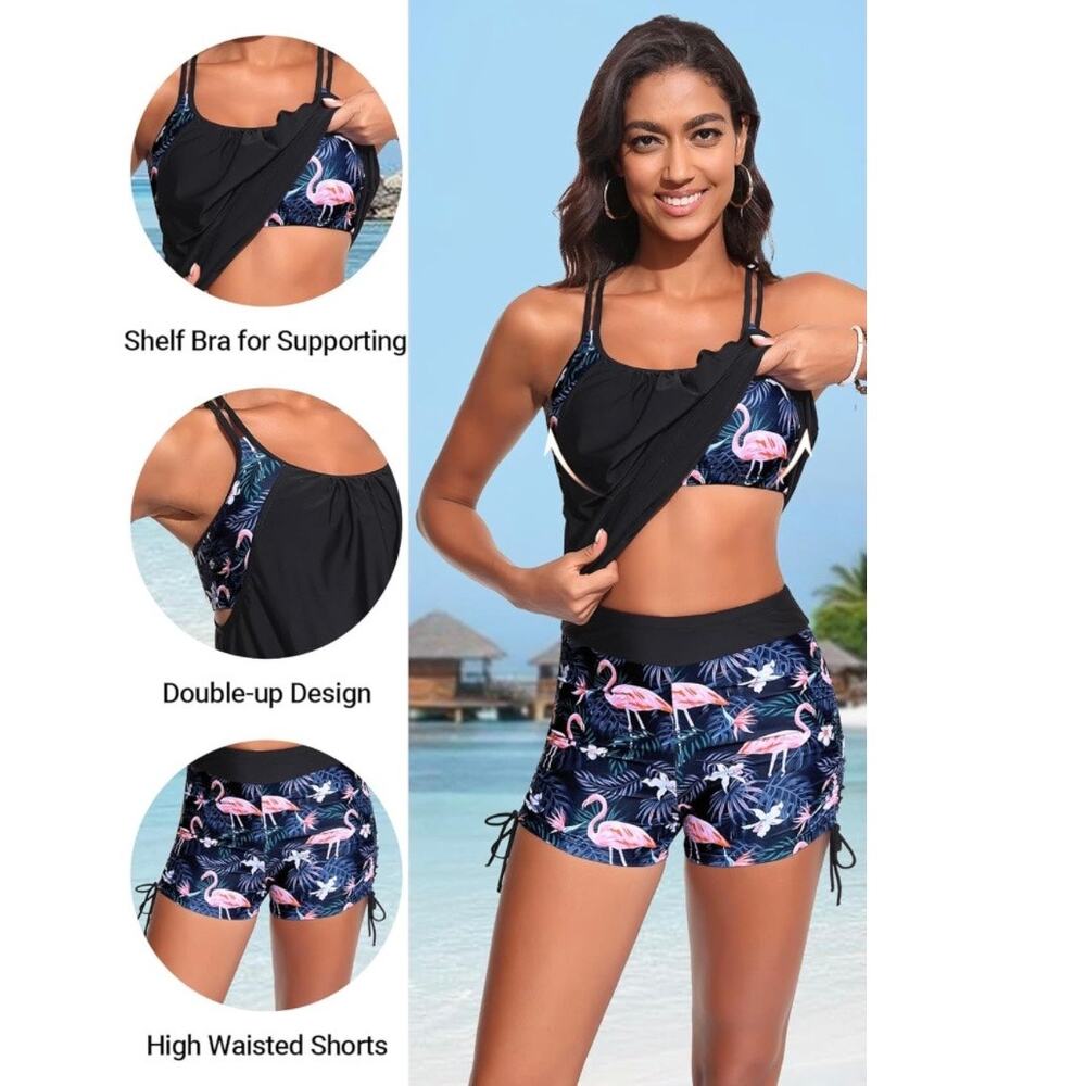 Holipick Women Blouson Tankini Swimsuit L 2 Piece Boy Shorts Tummy Control Black - Picture 3 of 8